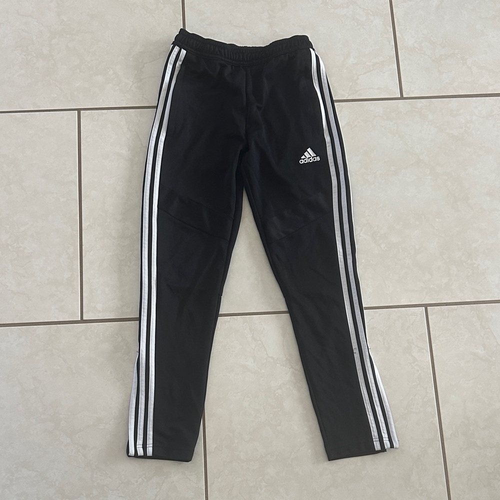 Adidas Kids Black Joggers with White Stripes w side slit zipper bottom